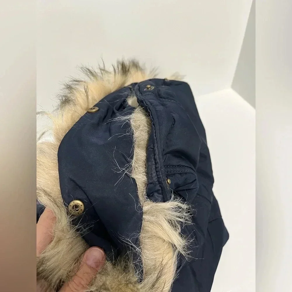 PRINCE & FOX navy puffer vest zip snaps removable fur trim hood pockets Small